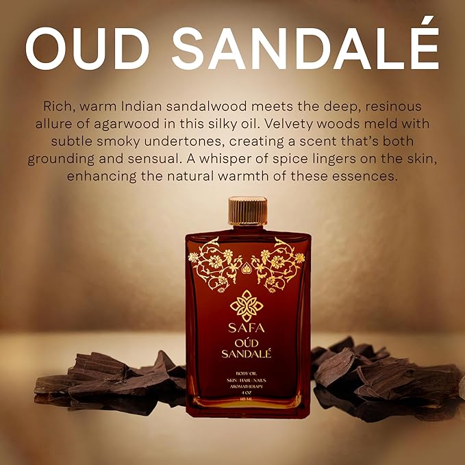 SAFA Oud Sandalé Oil – Organic Oud & Sandalwood Essential Oil for Hair, Body, Face & Nails – Arabian Perfume Oil for Women & Men - Strong & Long Lasting Fragrance - 4 Fl Oz