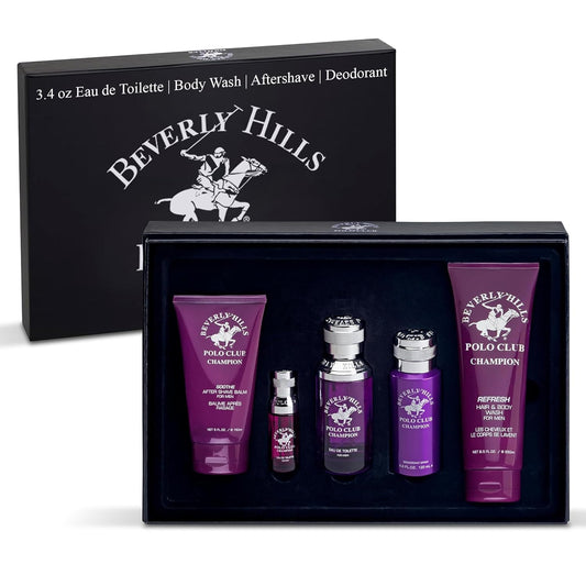Beverly Hills Polo Club Champion Men's Cologne Gift Set | Fresh, Fruity & Vanilla Scent | 3.4oz EDT, Body Wash, Aftershave & Deodorant | BHPC Luxury Fragrance Collection