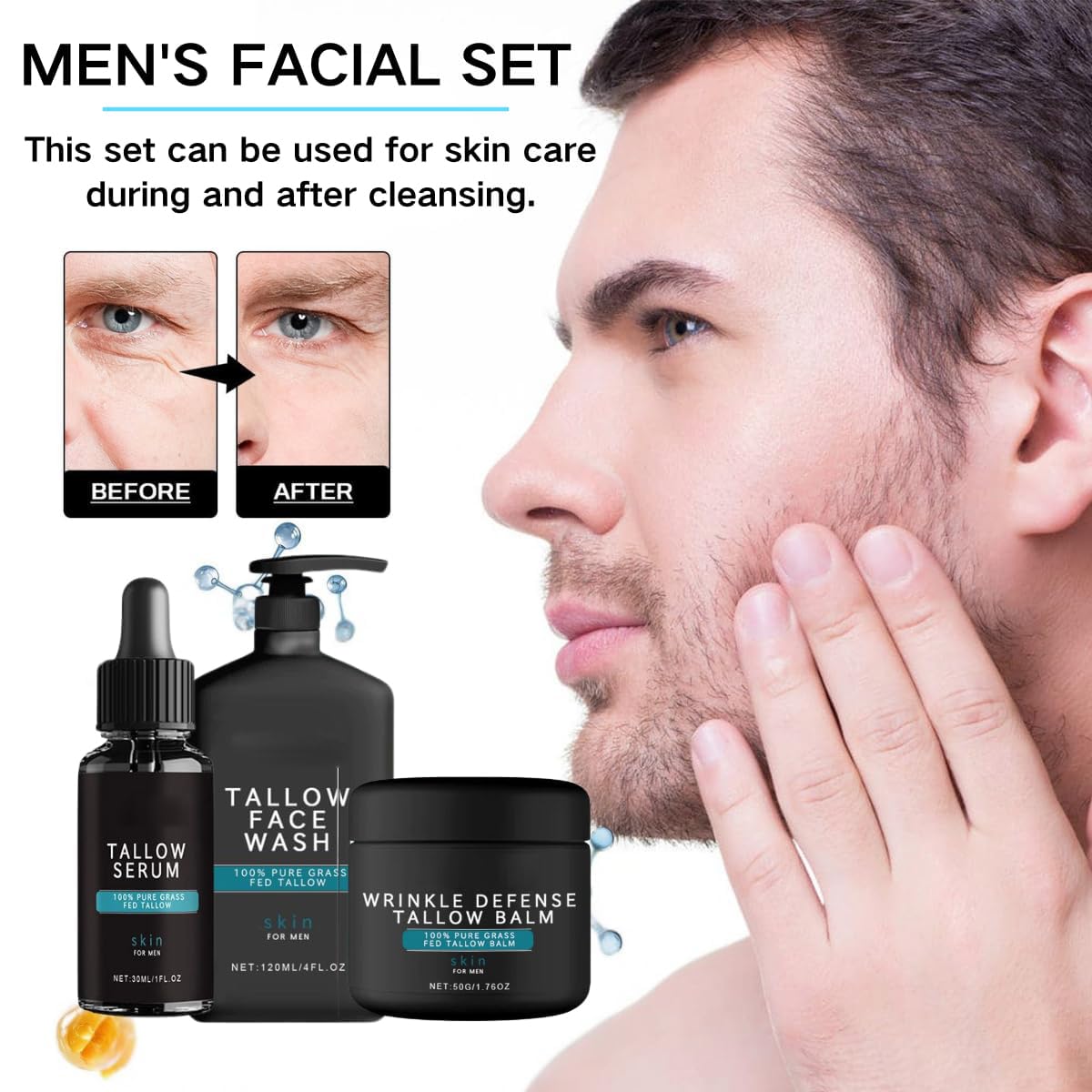 3PCS Men's Skin Care Set: Natural Tallow Anti-Wrinkle Balm, Nourishing Face Wash, Night Anti-Aging Serum, Revitalize Skin, Exclusive for Men (3PCS)