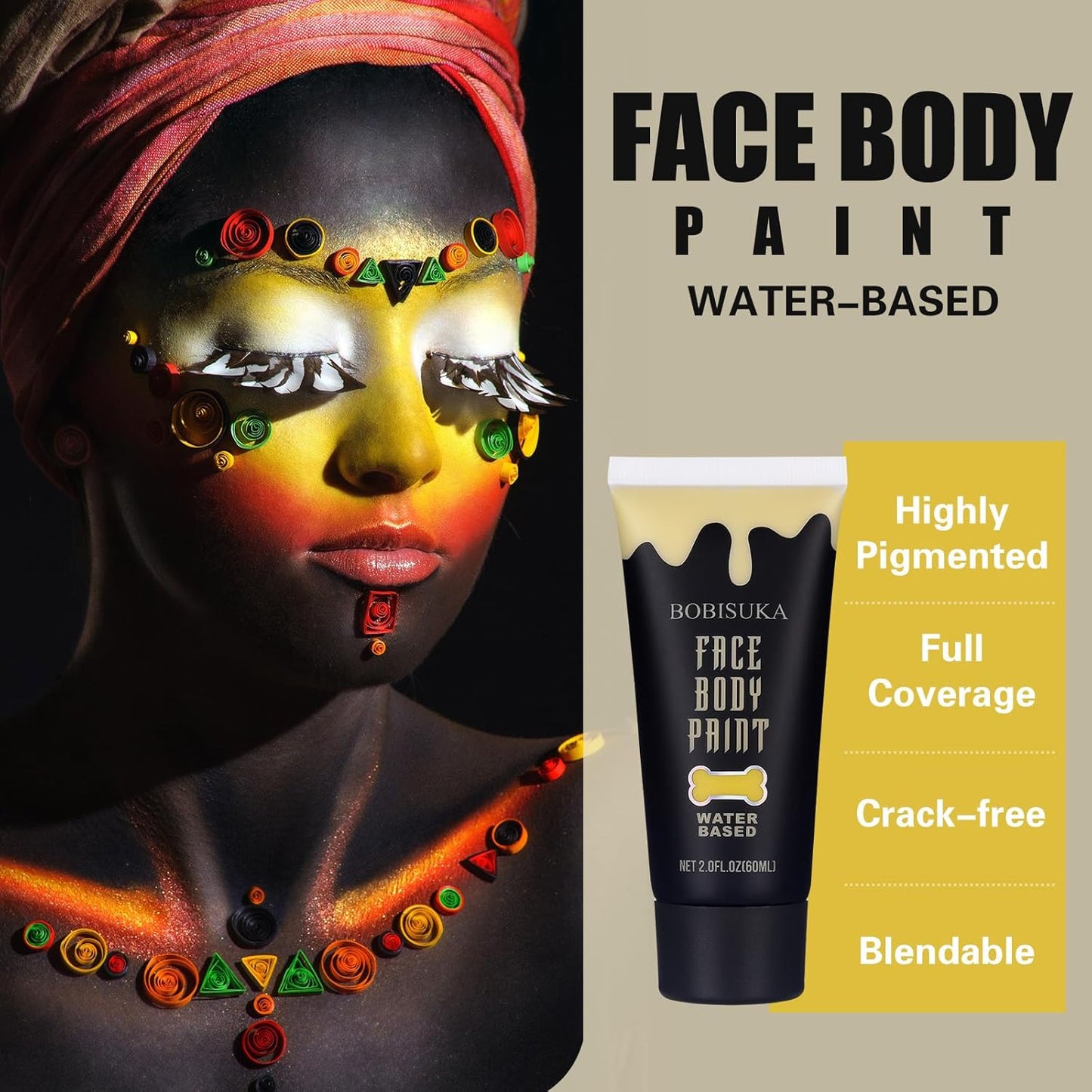 BOBISUKA Yellow Face Body Paint, Water Based Face Painting for Art Theater Halloween Party Cosplay Clown SFX Makeup for Women Adults, Non-Toxic Washable