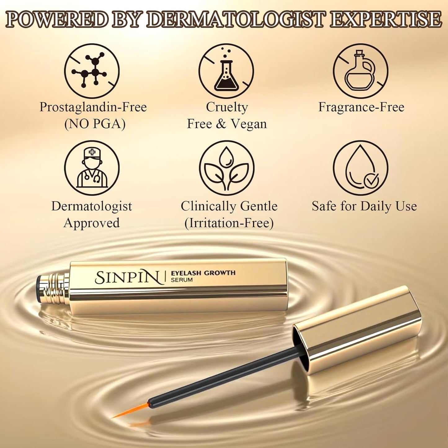 Natural Lash Growth Serum – See Visible Results in 4 Weeks | SINPIN Eyelash Serum without Prostaglandin, Enriched with Biotin, Panthenol & Peptides for Longer, Thicker Lashes, 5ML