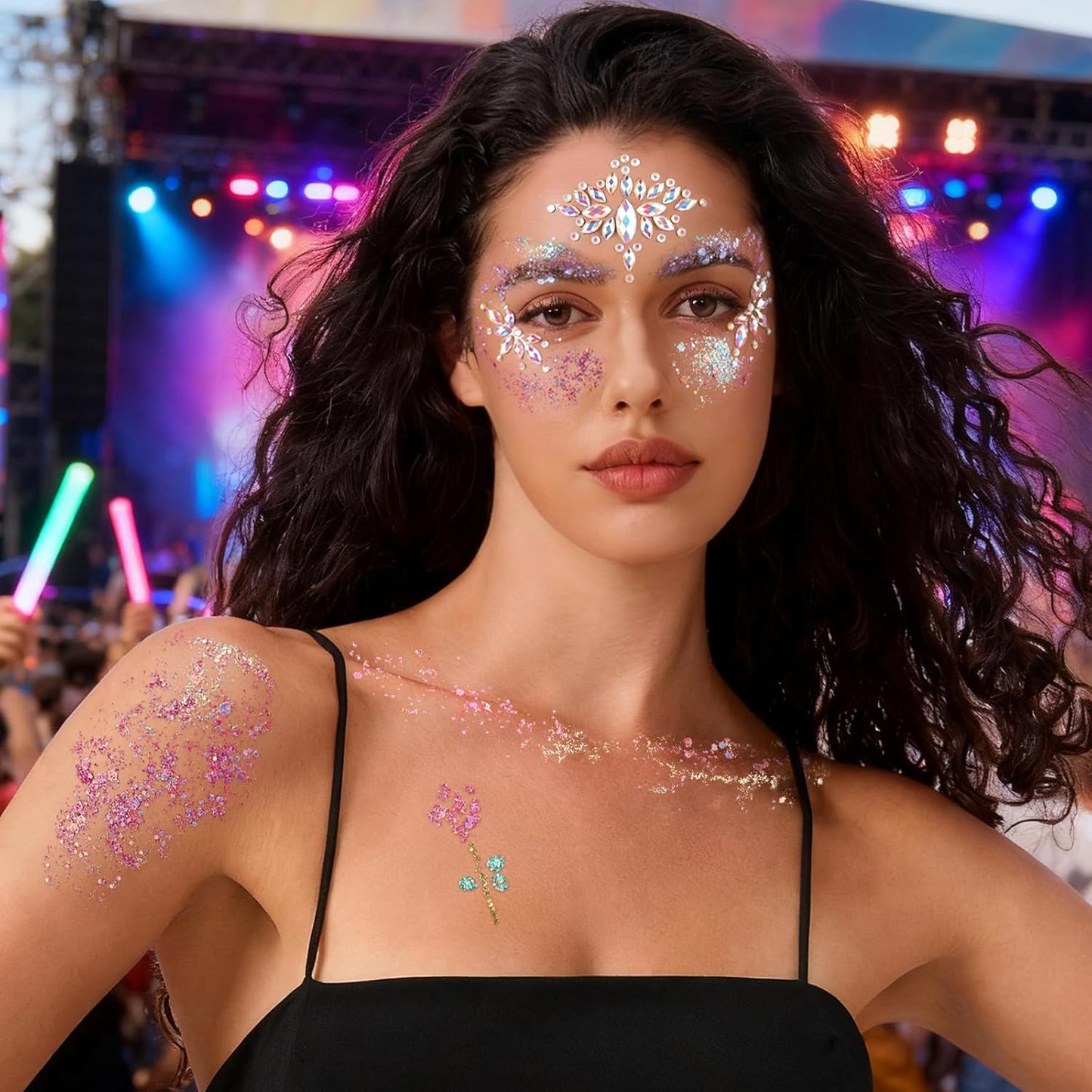 YGDZ Glow in The Dark Face Glitter, Hair Body Glitter Gel, Face Jewels Stick On for Women, Festival Carnival Outfits, Mermaid Costume for Halloween Makeup, Rave Accessories for UV Black Light Party