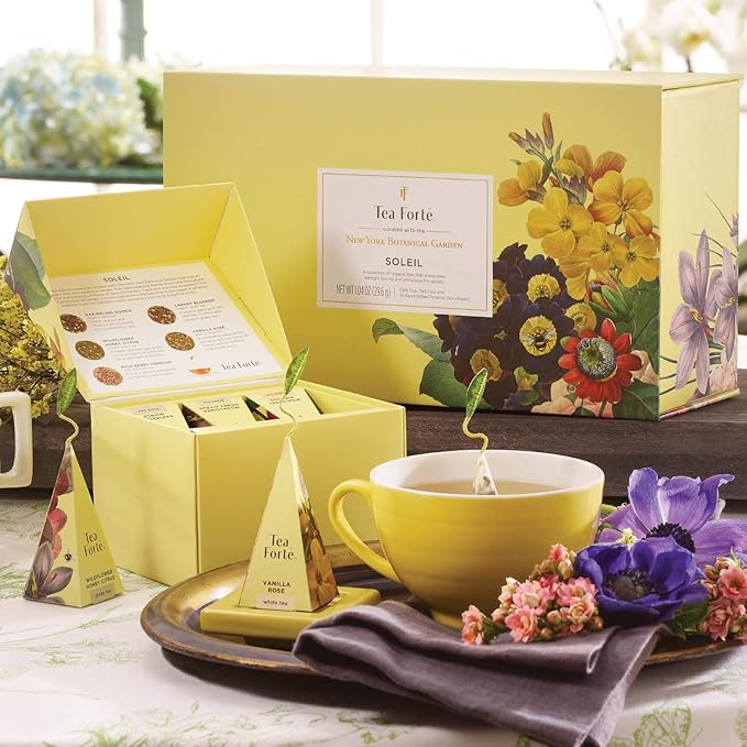 Tea Forte Soleil 3-Piece Mother's Day Tea Gift Set with Yellow Cafe Cup with Lid, Tea Tray and 10 Assorted 2 of Each Variety Organic Handcrafted Pyramid Infuser Tea Bags