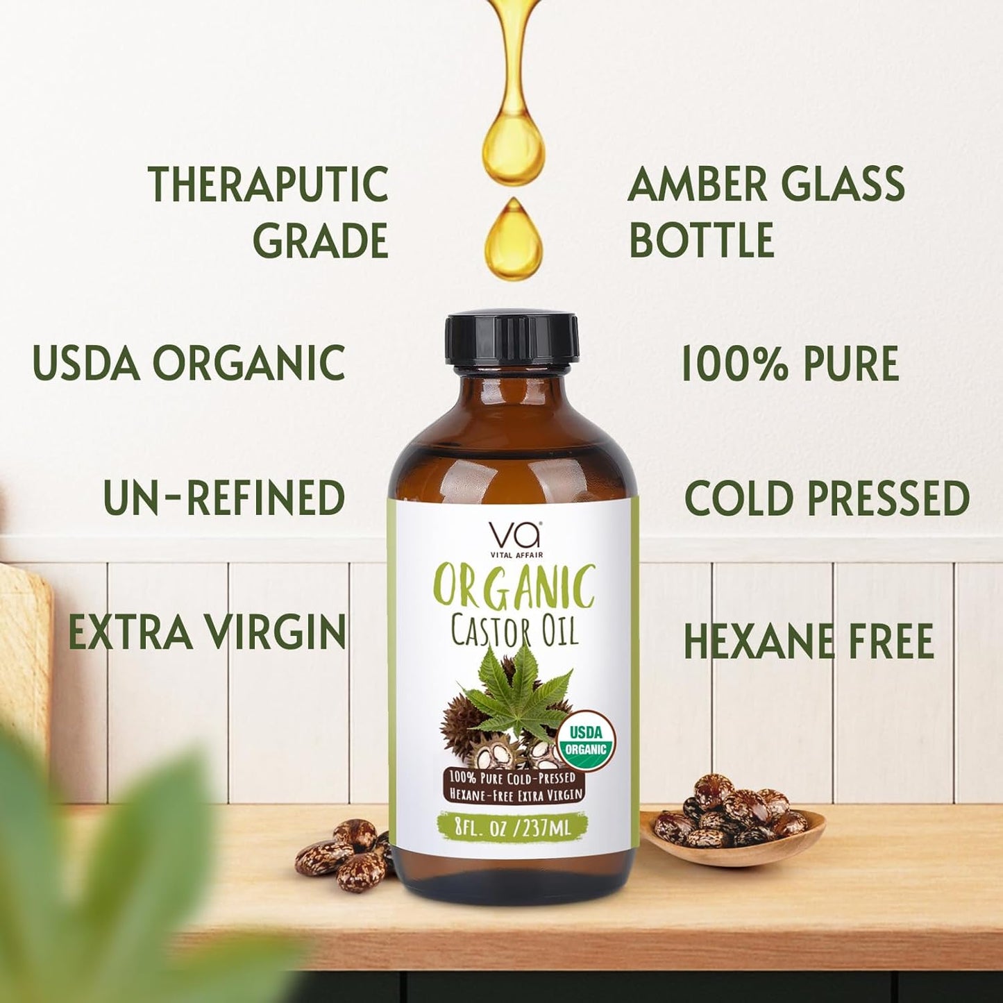 VITAL AFFAIR Castor Oil Organic Cold Pressed Unrefined Glass Bottle - USDA Certified Castor Oil For Hair Growth, Skin, Eyelashes, Eyebrows & Nails - 8 Fl Oz