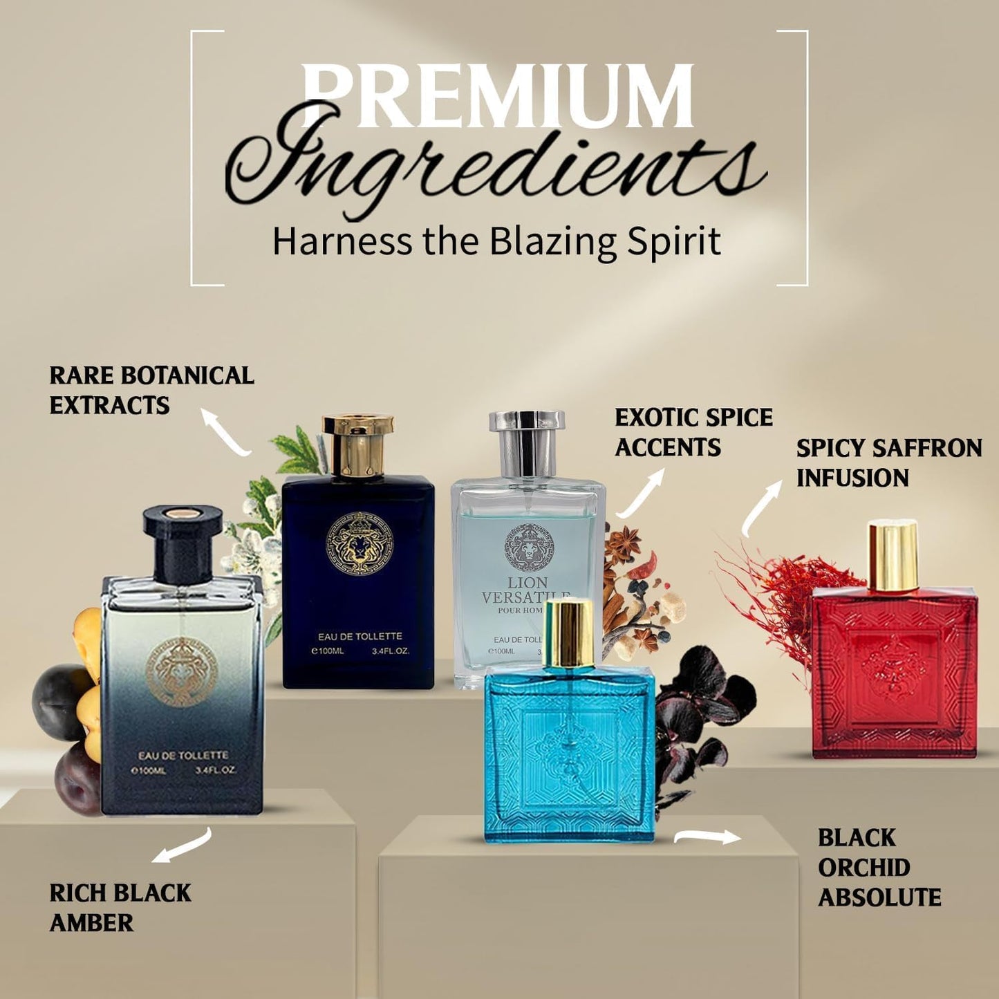 Lion Versatile Cologne for Men 3.4oz/100ml Each Scent Fresh Aromatic Floral Masculine Oriental Woody Notes Individually Boxed Fragrance for Men Pack of 5