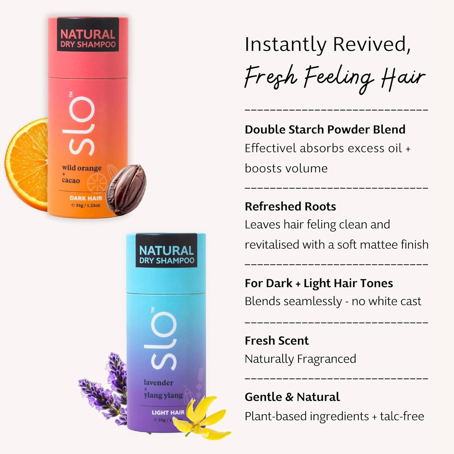 Slo | Natural Dry Shampoo Powder For Dark Hair - All Natural Ingredients, Vegan & Cruelty Free, Talc-Free Blend | Lavender + Ylang Ylang & Wild Orange + Cacao | 2 Pack (2 x 1.23oz/35g)