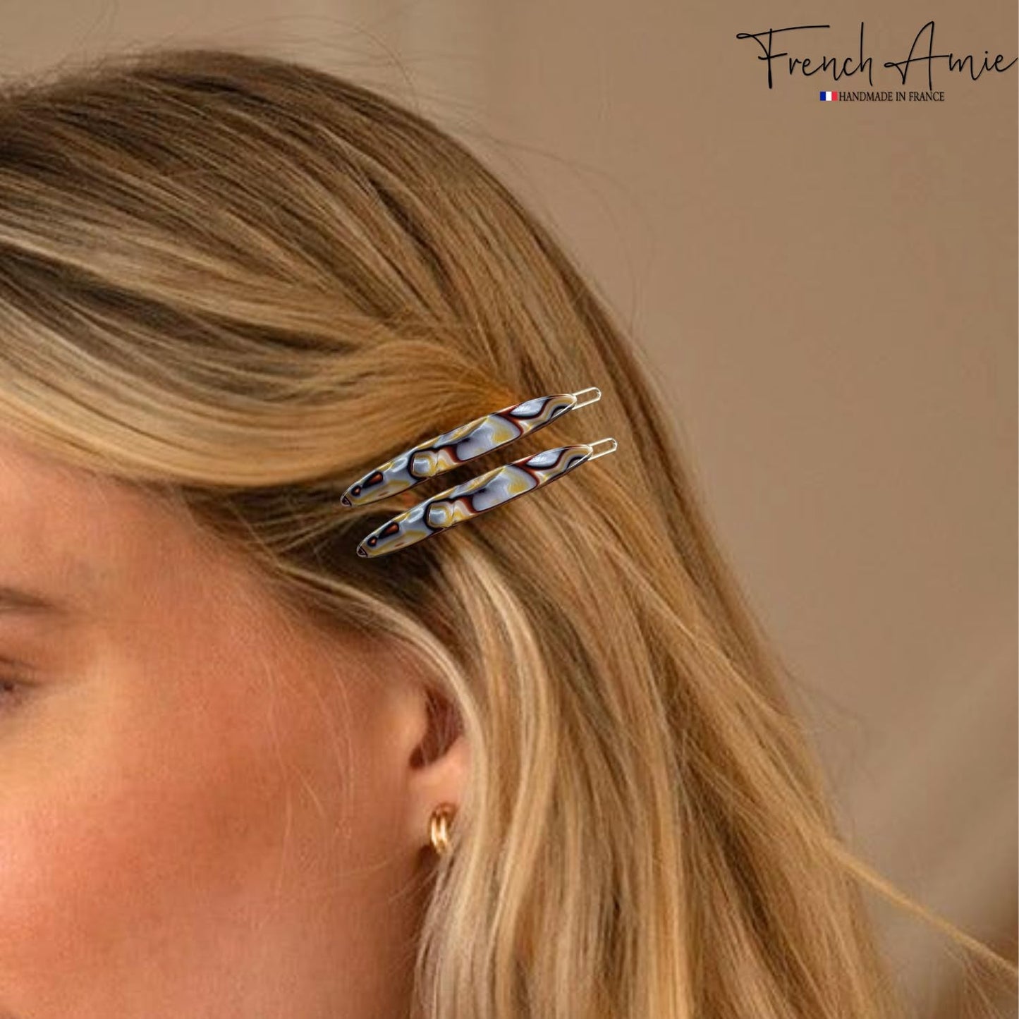 French Amie Narrow Oblong Small 2 1/4" Celluloid Acetate Set of 2 Side Slide In Hair Clip Barrettes with Tige Boule Clasp for Girls and Women, Made in France (Onyx Silver Grey)