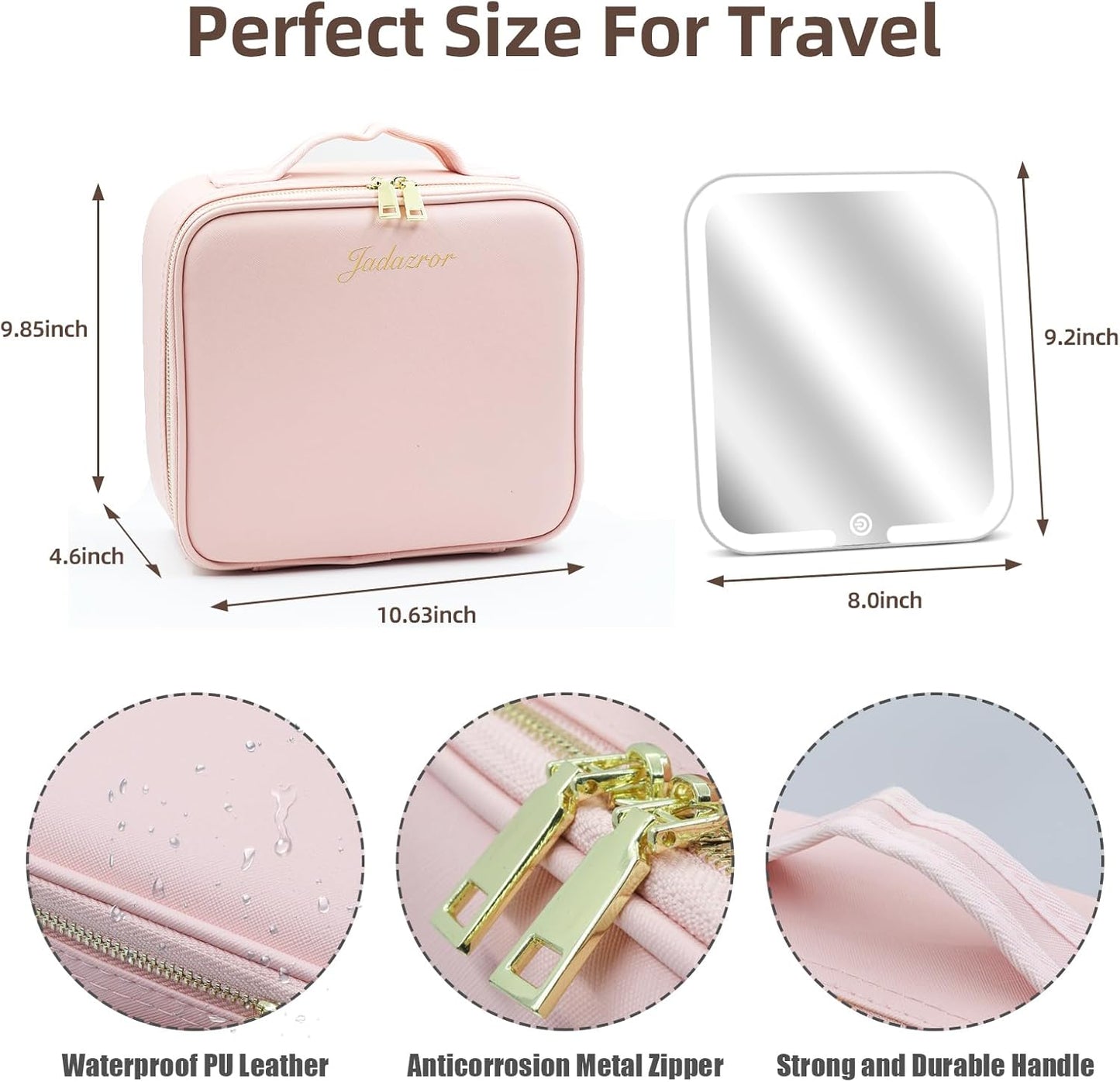 Travel Makeup Bag with Magnetic Removable Lighted Mirror, Cosmetic Bag Organizer with Mirror 360° Angle, Tri-Color LED Lighted Makeup Case, Portable Makeup Travel Train Case with Adjustable Dividers