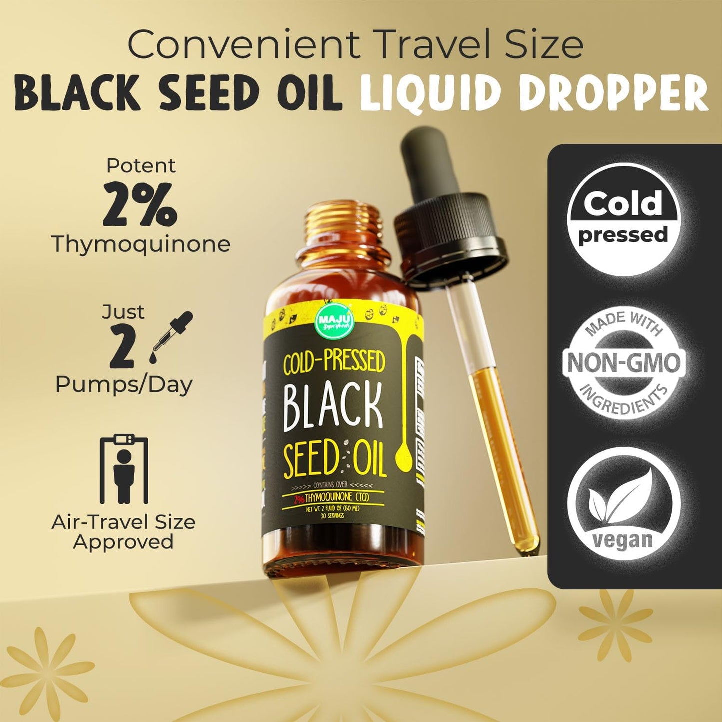 Maju Superfoods Black Seed Oil - 3 Times TQ, Cold-Pressed, Travel Size, 100% Turkish Black Cumin Seed Oil, Liquid Pure Blackseed, Glass Bottle, 2 Oz