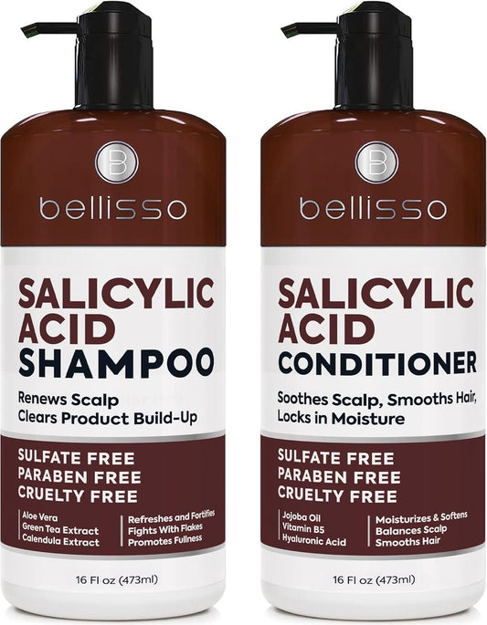 Salicylic Acid Shampoo and Conditioner Set - Scalp Exfoliator Formula for Flakes - Anti Dandruff and Itch Relief for Women and Men - Sulfate and Paraben Free - For Dry, Flaky, Itchy and Oily Hair