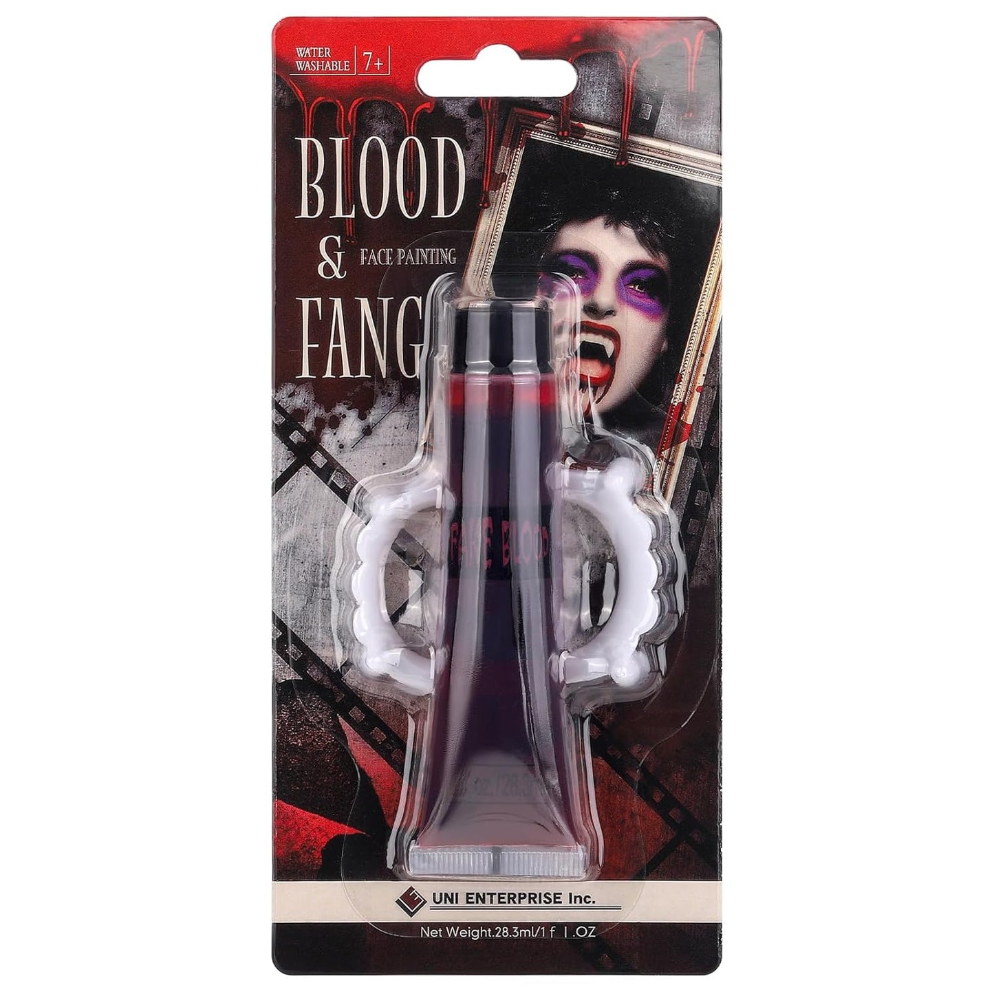Fake Blood + Vampire Teeth Halloween Makeup Set, 1 OZ Washable Bright Fake Blood, Halloween White Teeth Fangs Teeth for Halloween Cosplay Party Favors