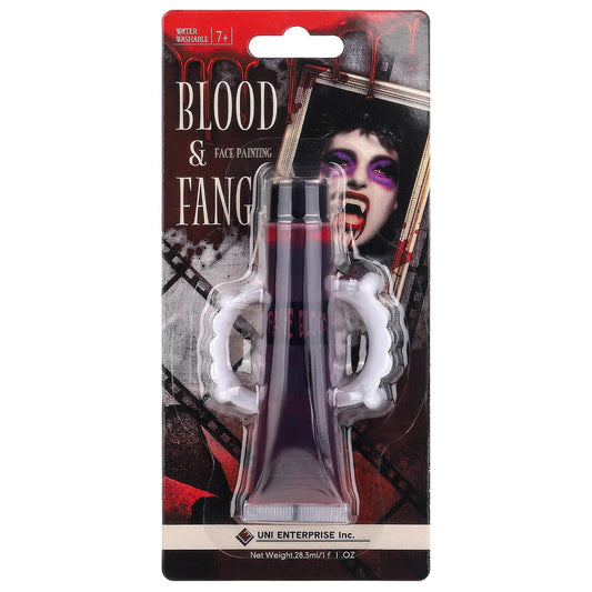 Fake Blood + Vampire Teeth Halloween Makeup Set, 1 OZ Washable Bright Fake Blood, Halloween White Teeth Fangs Teeth for Halloween Cosplay Party Favors
