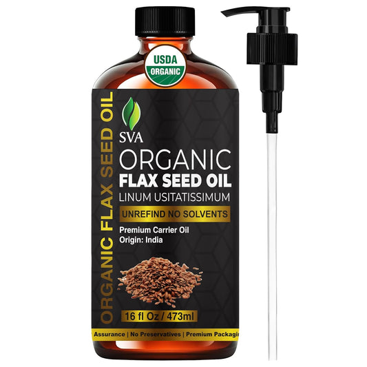 SVA Flax Seed Oil Organic - 16 Fl Oz – 100% Natural Cold Pressed Organic Flax Seed Oil - for Face, Skin Care, Hair Care, Scalp Massage & Body Massage – Carrier Oil