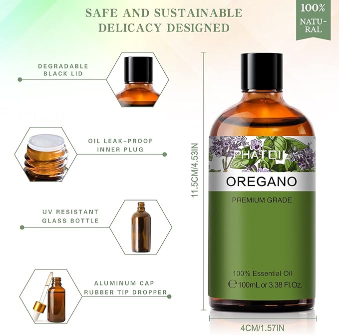 Oregano 3.38fl.oz Essential Oil, PHATOIL Pure Aromatherapy Oils for Diffuser, Humidifier, Perfect for DIY Soap, Candle, Bath Bombs Making(100ml)