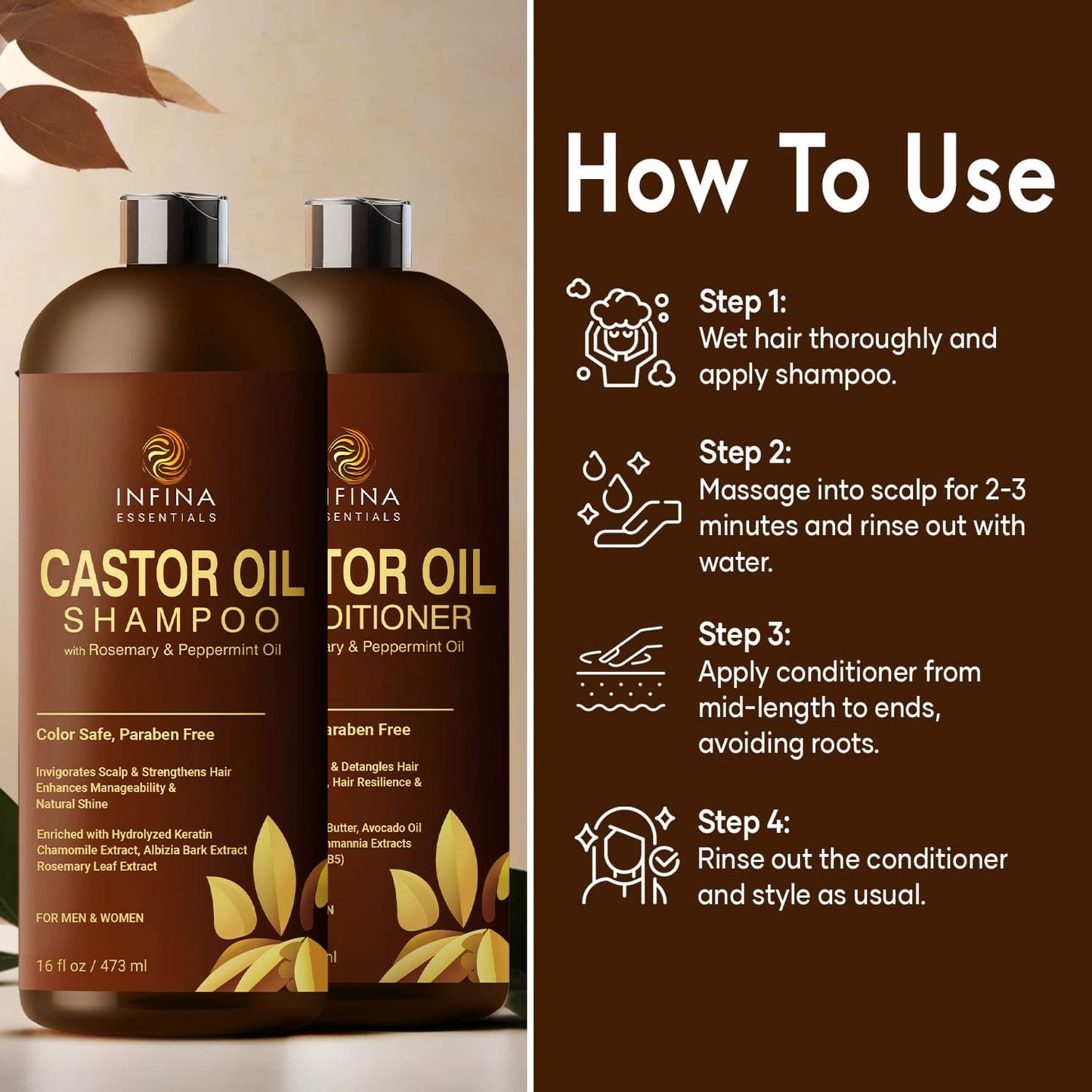 Castor Oil Shampoo and Conditioner Set for Hair Growth with Rosemary & Peppermint Oil - Cleanse Hair, Strengthen & Shine with Castor Shampoo and Conditioner - Anti-Hair Loss for Men & Women - 16 fl oz
