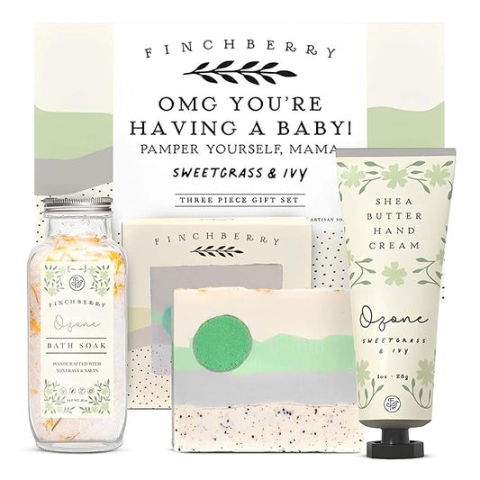 FinchBerry 3-Piece Gift Set - OMG You're Having a Baby! - Baby Shower Gift, New Mom Care Package for Sister, Wife, Friends & Family - With Handmade Soap (4.5 oz), Bath Soak (20 oz) & Hand Cream (1 oz)