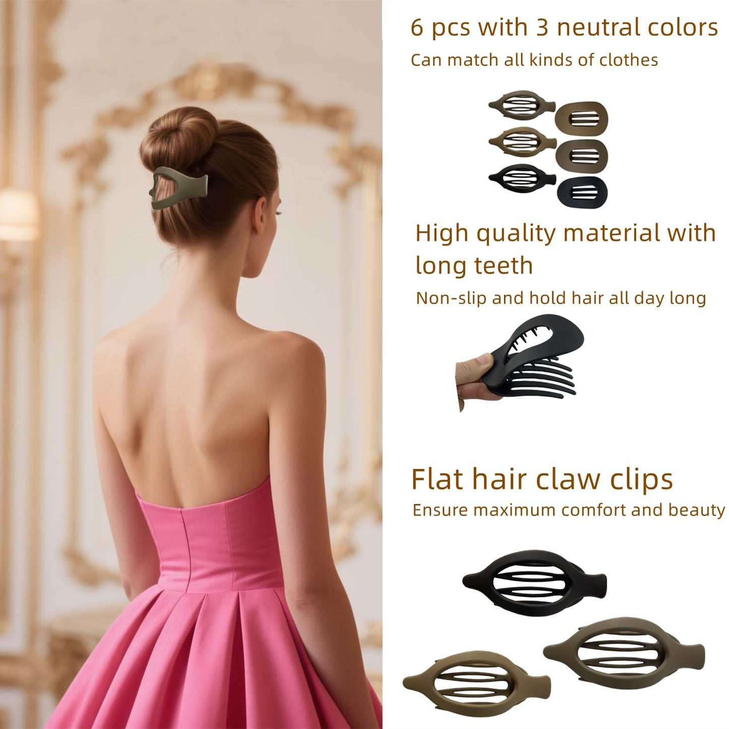 Flat Hair Claw Clips Non-Slip Large Claw Hair Clip for Women and Girls, Strong Hold Banana Hair Clips Jaw Clips for women 6 pcs