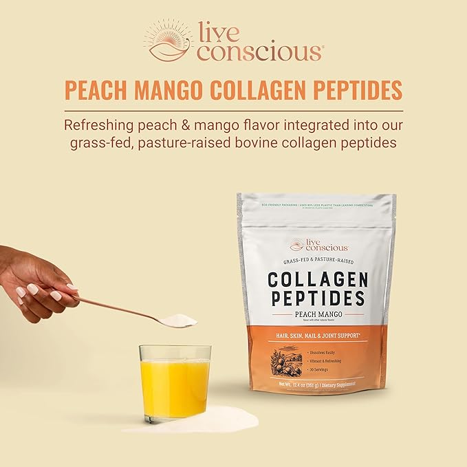 Live Conscious Collagen Peptides Powder - Peach Mango Flavored Collagen Powder - Hair, Skin, Nail, & Joint Support - Type I & III Grass-Fed Collagen Supplements for Women and Men - 30 Serving - 12.4oz