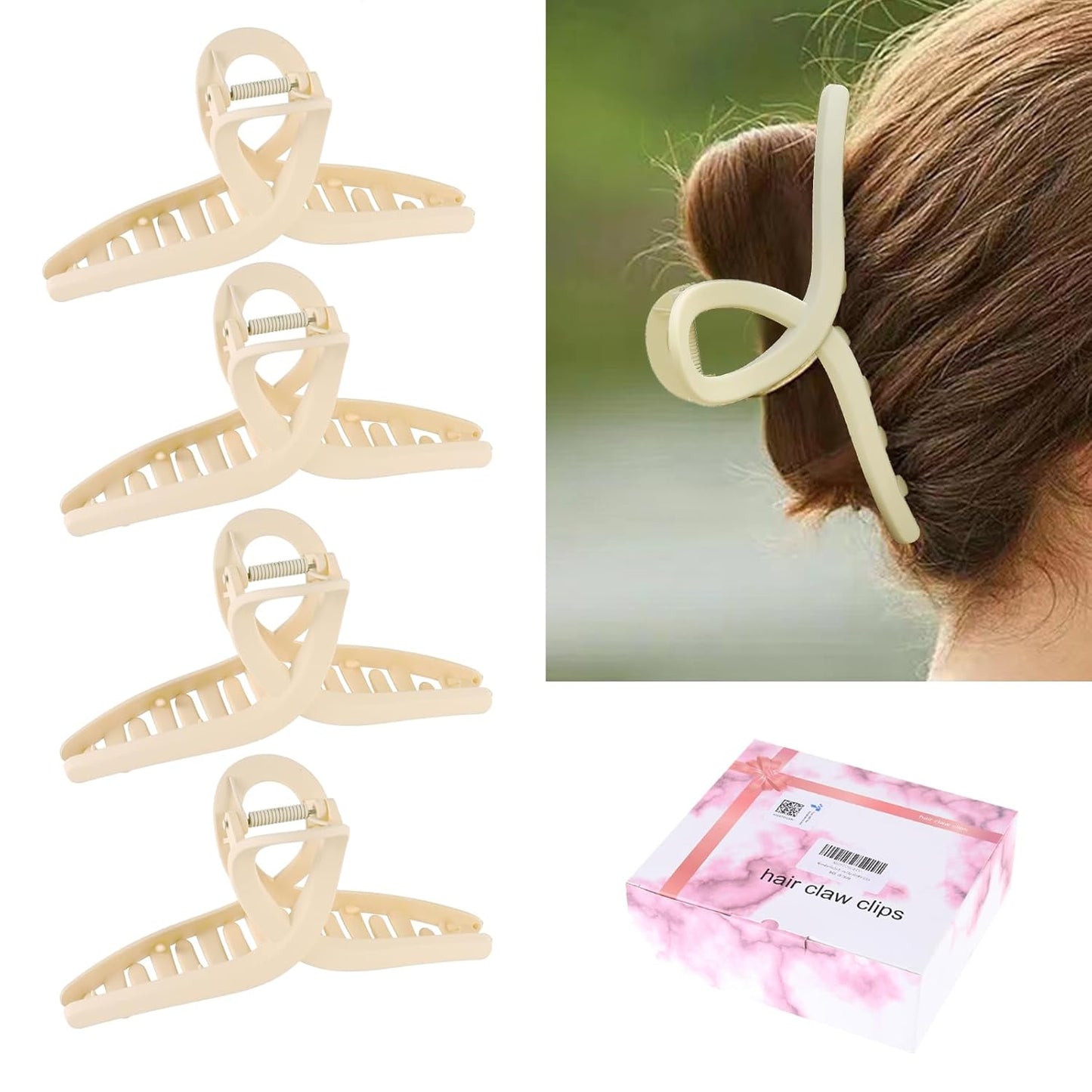 4 Pack Xl Jumbo Claw clips, 6Inche Extra Large Claw Clips for Thick Hair and Long Hair, Oversized Matte Non-slip Butterfly Hair Clips for Women, Big Strong Hold Jaw Clip,white Color