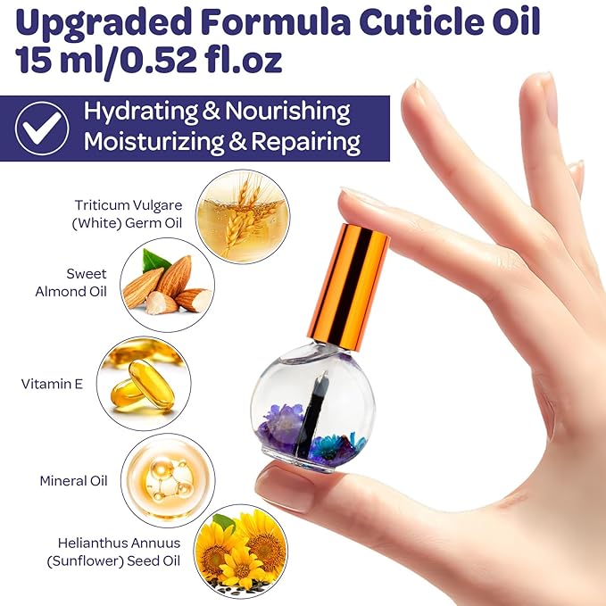 JIASHENG Cuticle Oil, Lavender Scented Cuticle Nail Oil Infused with Real Flowers, Hydrates, Moisturizes, Strengthens, Repairs, Revitalizing Cuticle Oils for Nails Damage Dry Cuticle, 15ml