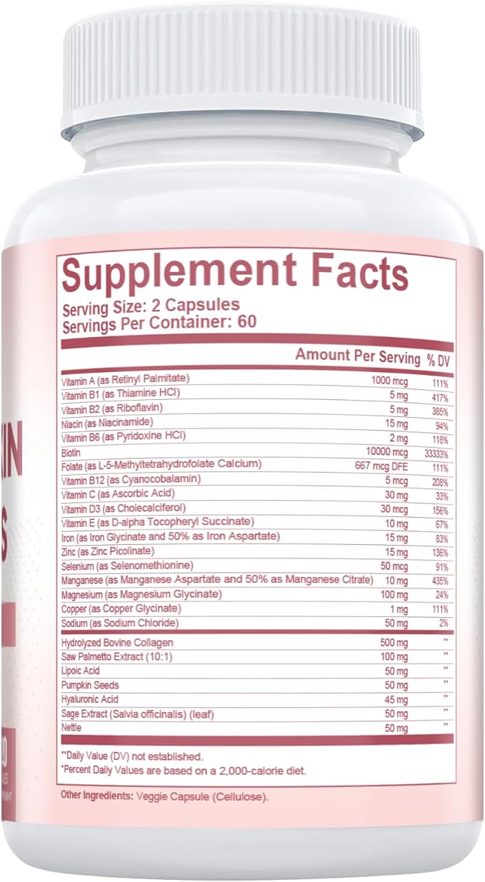 Hair Skin and Nails Vitamins with Biotin, Collagen & Hyaluronic Acid, Supports Healthy Hair Growth, Strong Nails & Glowing Skin, Biotin Supplement with Vitamins A, C, D3, E, B Complex & Minerals