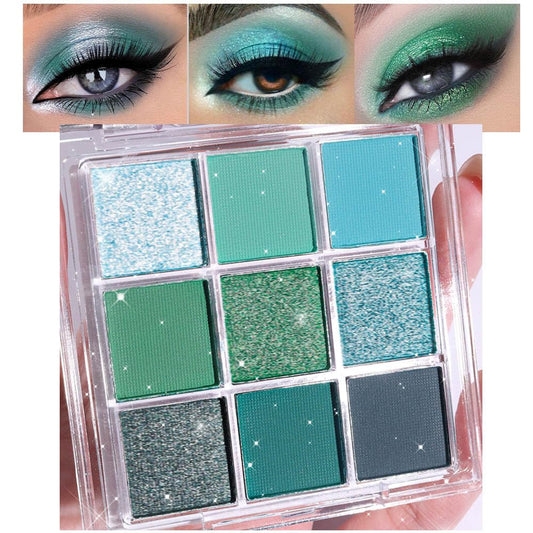 evpct 9 Colors Green Eyeshadow Palette, Light Bright Emerald Dark Teal Green Glitter Metallic Shimmer Sparkly Eye Shadow Eyeshadow Palette Makeup for Older Women Blue Eyes, Highly Pigmented Waterproof
