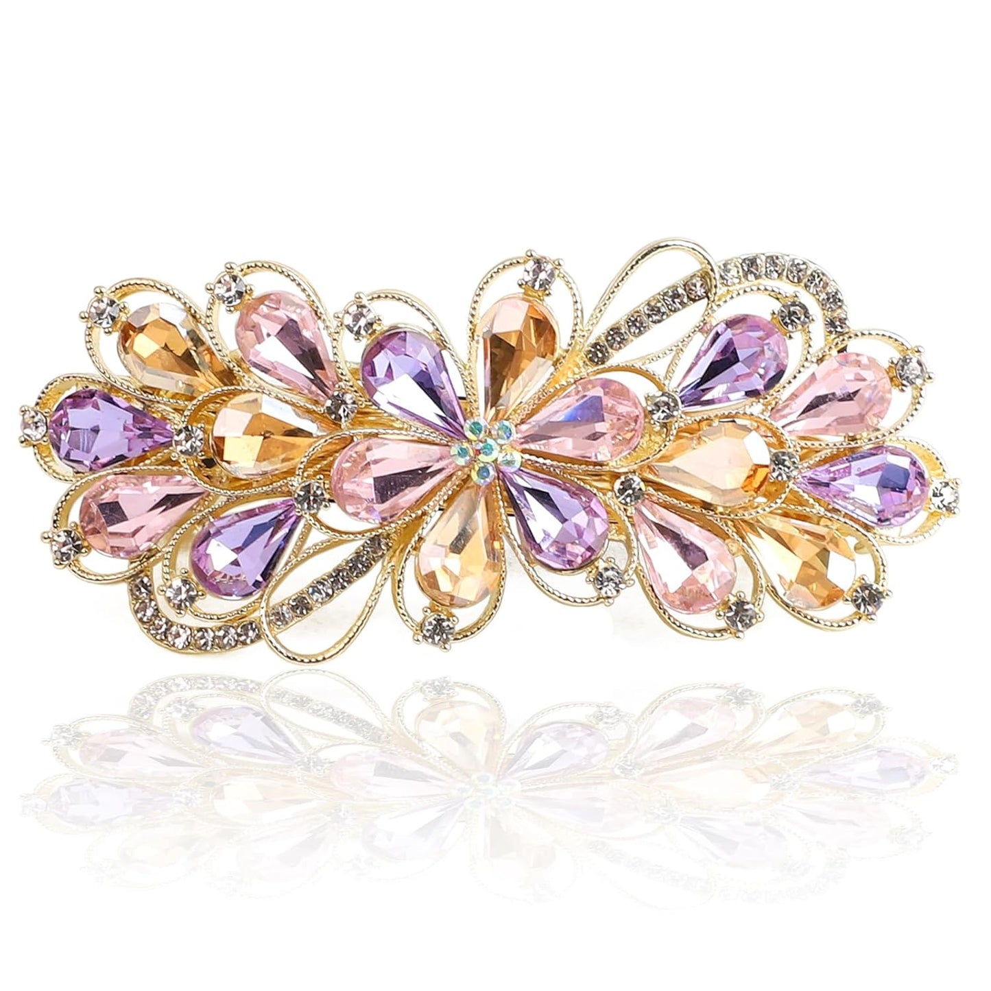 Large Gorgeous Rhinestone Hair Barrette for Women, Flower Jewelry Design (Champagne & Purple)