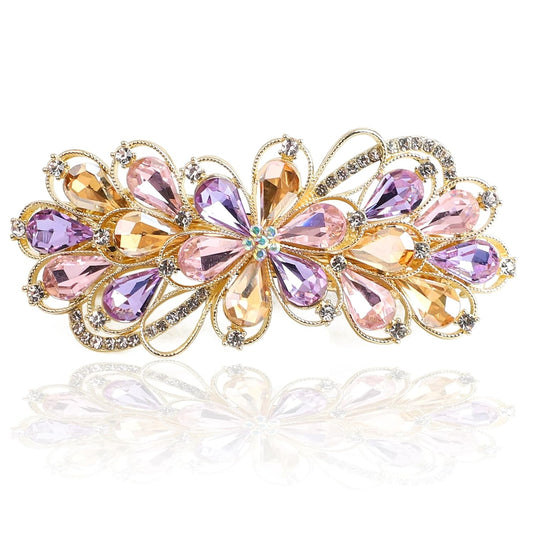 Large Gorgeous Rhinestone Hair Barrette for Women, Flower Jewelry Design (Champagne & Purple)