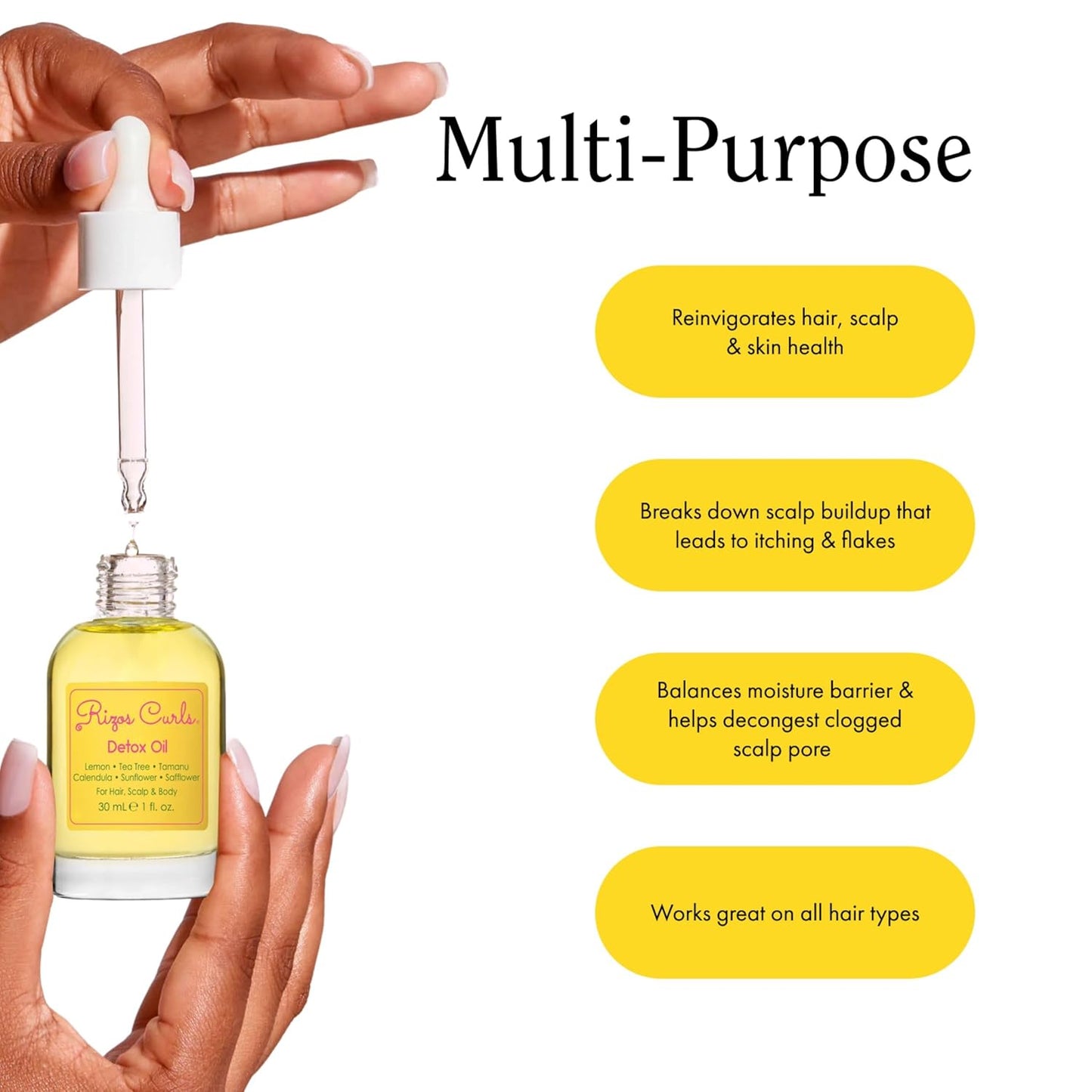 Rizos Curls Detox Oil, Detox & Balance Scalp to Reduce Buildup & Soothe Irritation, Support Hair Growth & Health with Tea Tree & Lemon Oil, For All Hair Types 1a - 4c, 1 oz