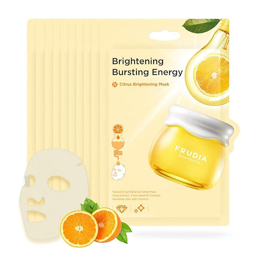 FRUDIA Citrus Clarifying Mask (10 Pack), Vitamin C Korean Face Mask with 46% Mandarin Peel Extract, Vegan Vitamin C & Mela-Zero for Brightening & Dark Spot Treatment