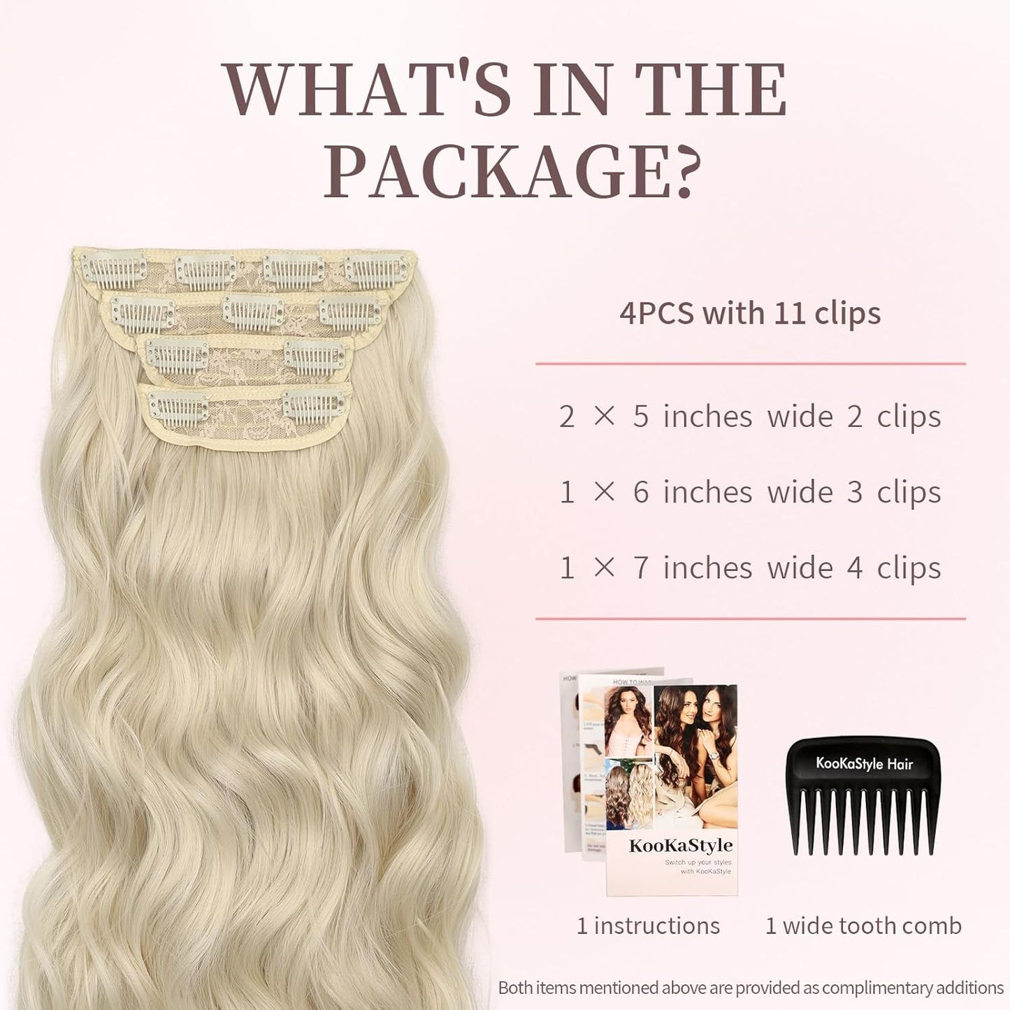 KooKaStyle Clip in Synthetic Hair Extensions Long Wavy 4PCS Thick Hairpieces Platinum Blonde Fiber Double Weft Natural Hair Extensions 20 Inch for Women