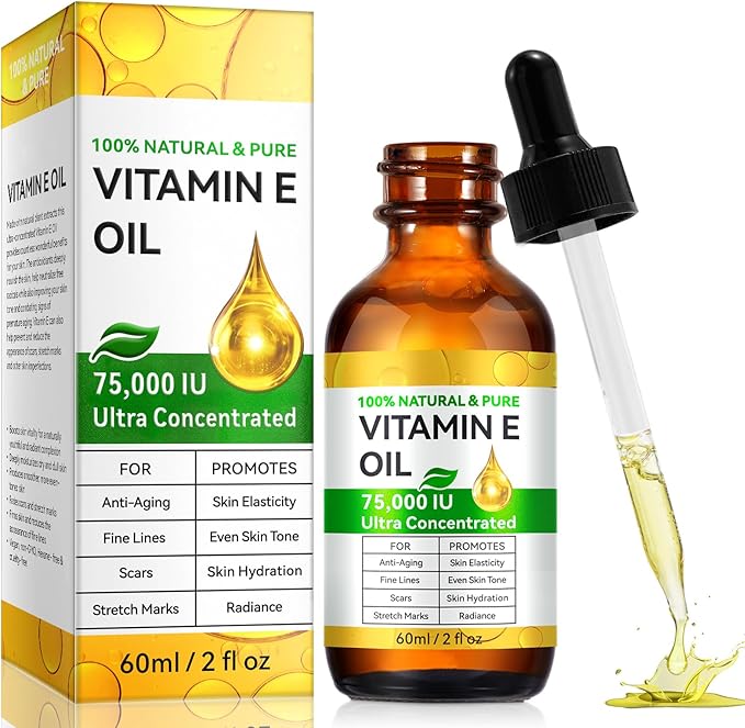Pure Vitamin E Oil for Skin Blend 75,000 IU, Natural Organic Vitamin E oil for Scars, Hair & Face (2 Fl Oz) - Non GMO, Cold Pressed, Cruelty Free Skin Repair & Moisturizing Solution, Easy to Absorbed