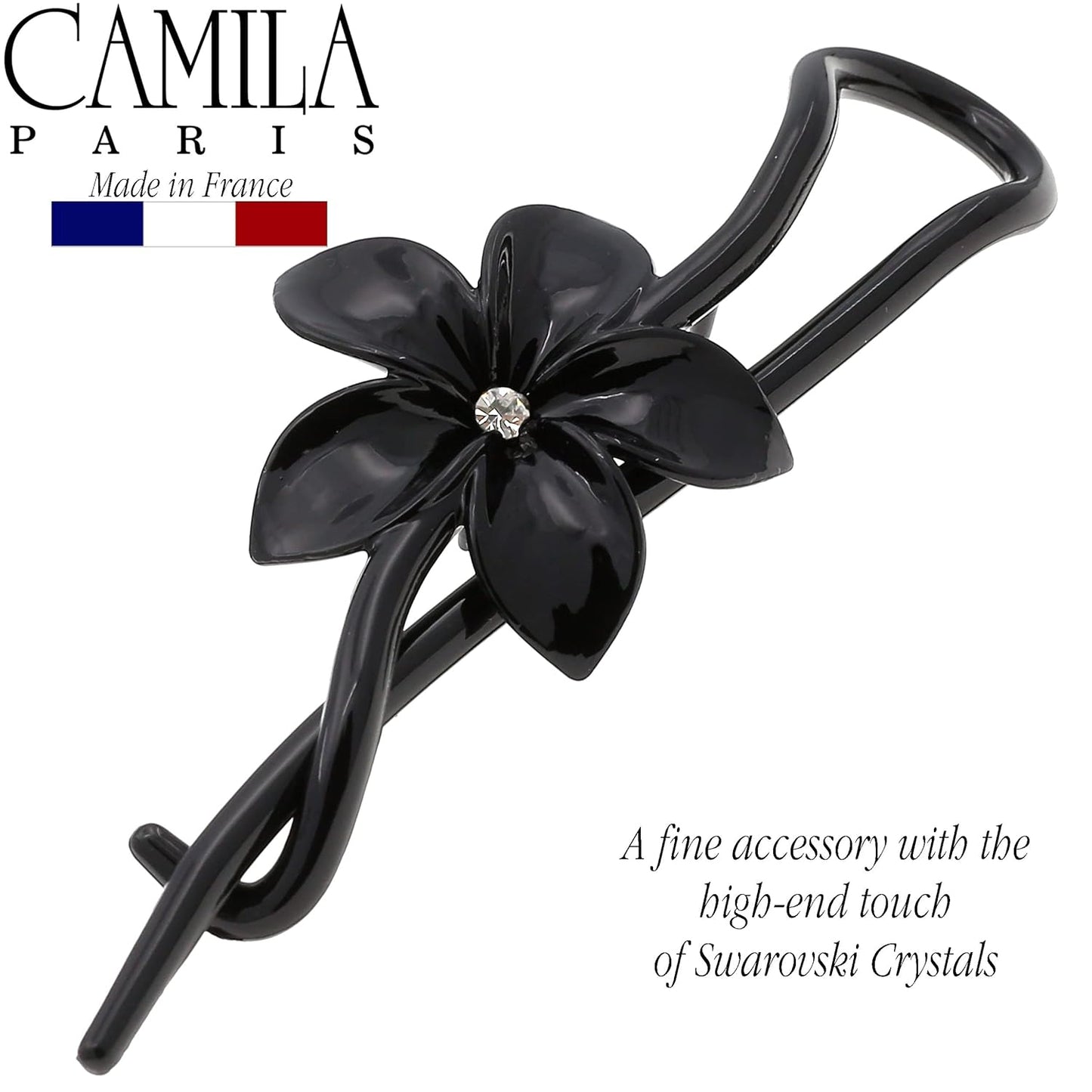 Camila Paris CP1593 French Hair Barrette Pin Clips for Girls, Flower, Black, No Metal Parts, Strong Hold Grip Hair Clips for Women, No Slip Styling Girls Hair Accessories, Made in France