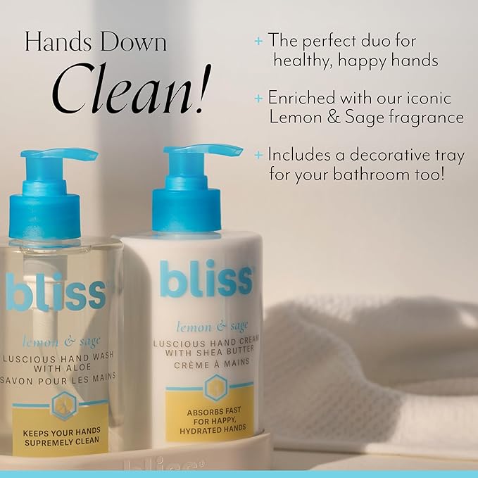 Bliss Lemon & Sage Happy Hands Duo | Hydrating Hand Wash & Nourishing Hand Cream Set with Decorative Tray