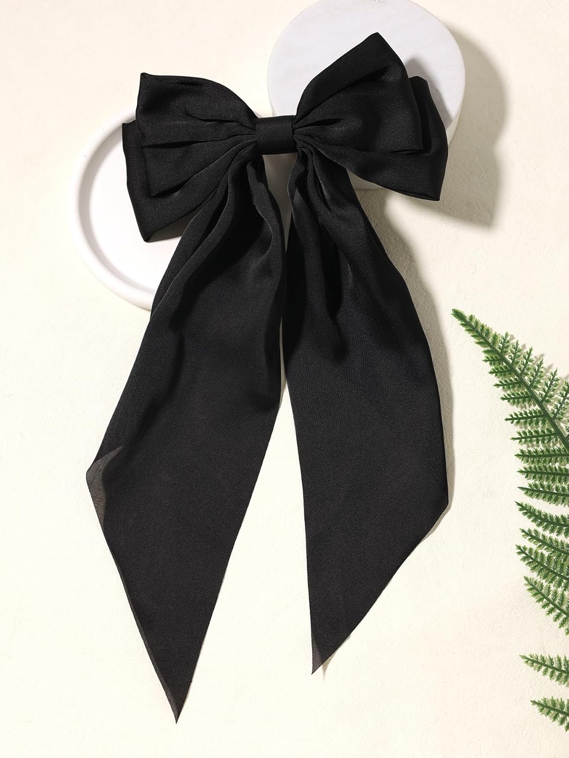 Furling Pompoms Hair Bow Clips Black White Big Satin Barrette Alligator Clips Long Tail Hair Accessories for Women Girls Teens,Pack of 2