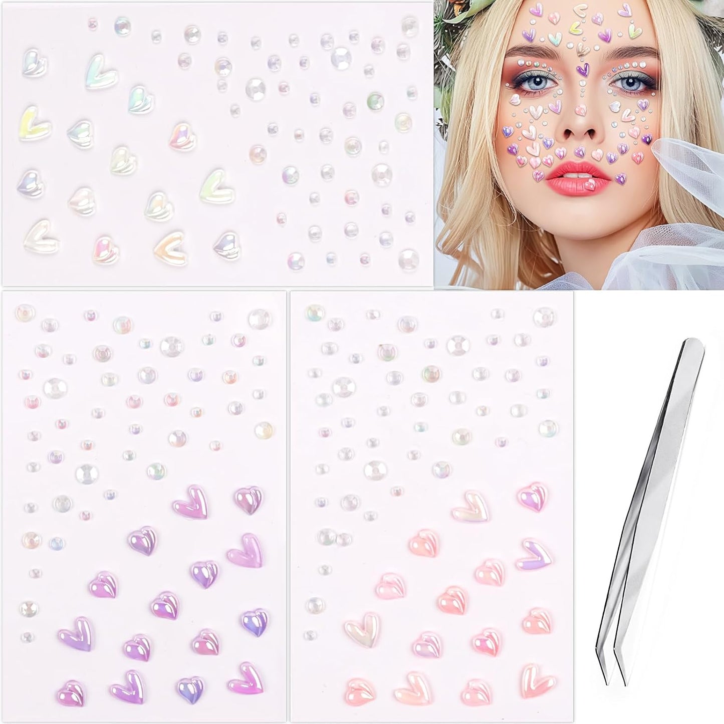 Heart Rhinestone Tattoo Stickers for Makeup, V Heart Shape Face Eye Gems, Self Adhesive Face Jewelry with Clear Pink Purple, Cute Love Face Stickers, Birthday Rave Concert Party Supplies