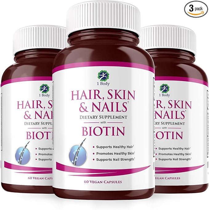Hair, Skin and Nails Vitamin Supplement with Biotin, Each Bottle Contains 26 Essential Vitamins, 3 Bottle Pack, Growth Formula for Men and Women