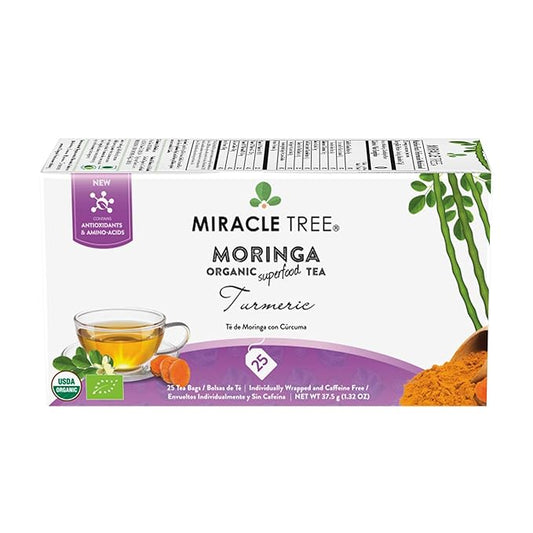 Miracle Tree - Organic Moringa Superfood Tea, 25 Individually Sealed Tea Bags, Turmeric (Keto, Detox, Energy & Immunity Booster, Vegan, Gluten-Free, Organic, Non-GMO, Caffeine-Free)