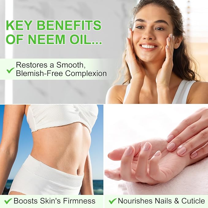 Neem Oil for Skin - 2 Pack, Pure Natural Cold Pressing, Free of Hexane, Nourishes the Skin and Hair, Reduces Fine Lines, 4.04 Oz