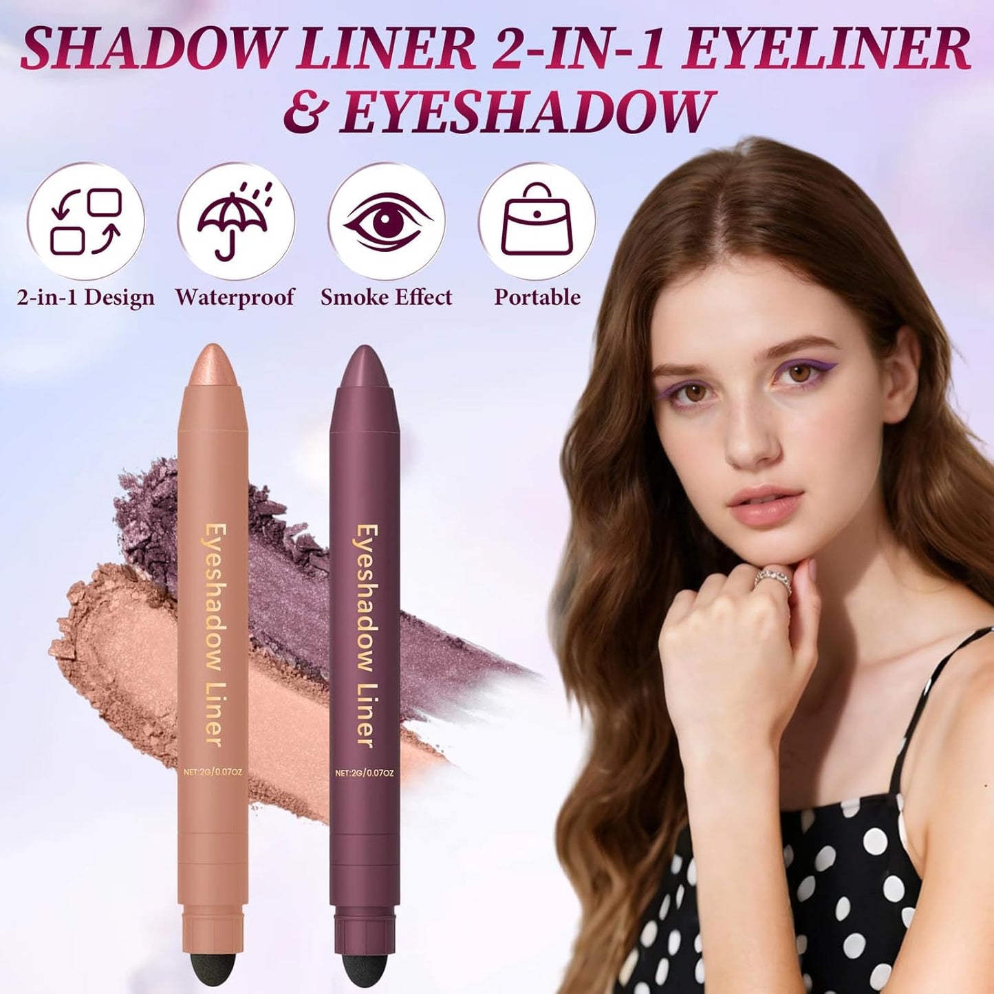 Shadow Liner, 2-in-1 Eyeliner & Eyeshadow, Waterproof Eye Shadow Crayon, Smooth, Easy to Color，Duo Eyeshadow Stick for Effortless Smoky or Natural Eye Makeup(Purple + champagne gold