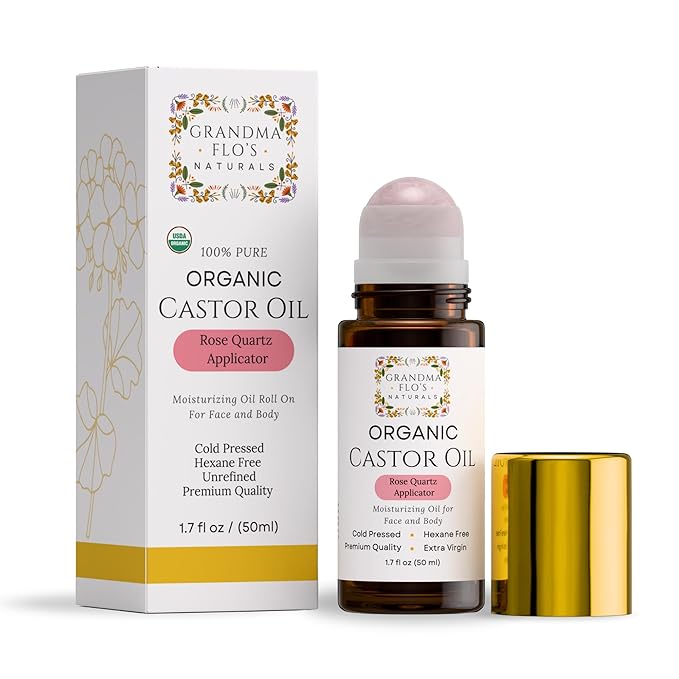 Grandma Flo's Naturals Organic Castor Oil with Rose Quartz Roll On For Face and Body - Glass Bottle, Cold Pressed, Hexane Free, Unrefined - Stimulate Hair Growth, Moisturize Skin