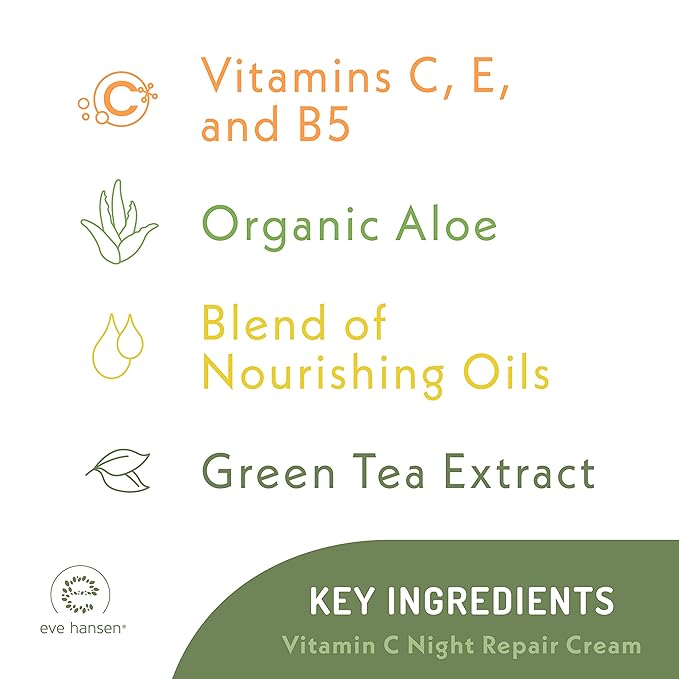 Eve Hansen Vitamin C Night Cream for Face and Neck - Hydrating, Brightening, Anti-Aging Moisturizer for Mature, Dry Skin - Non-Greasy - 2 oz