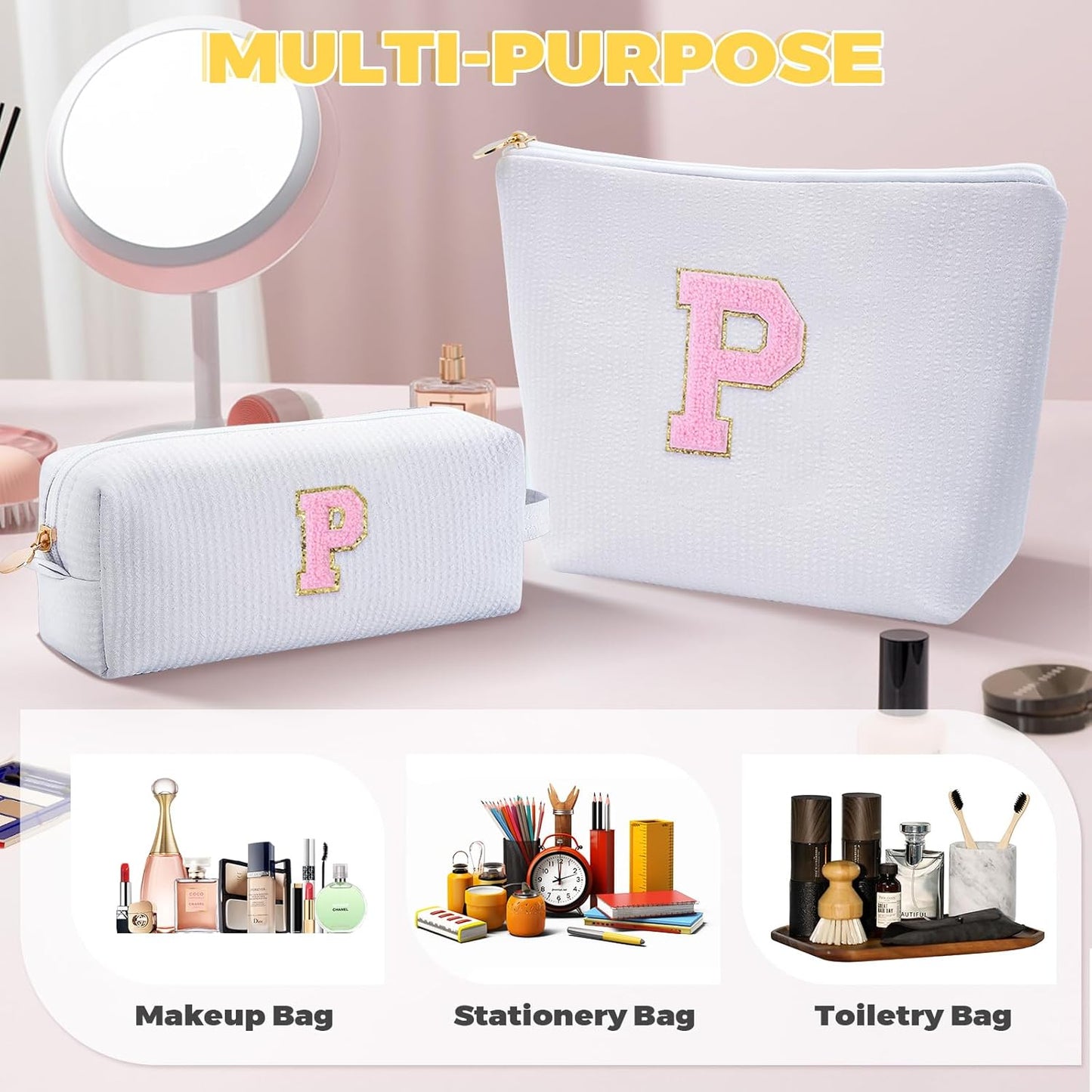 Personalized Makeup Bag for Women Girls - Fashion Cosmetic Bag Trendy Travel Toiletry Bag with Initials Letter - Teen Gifts - White,P