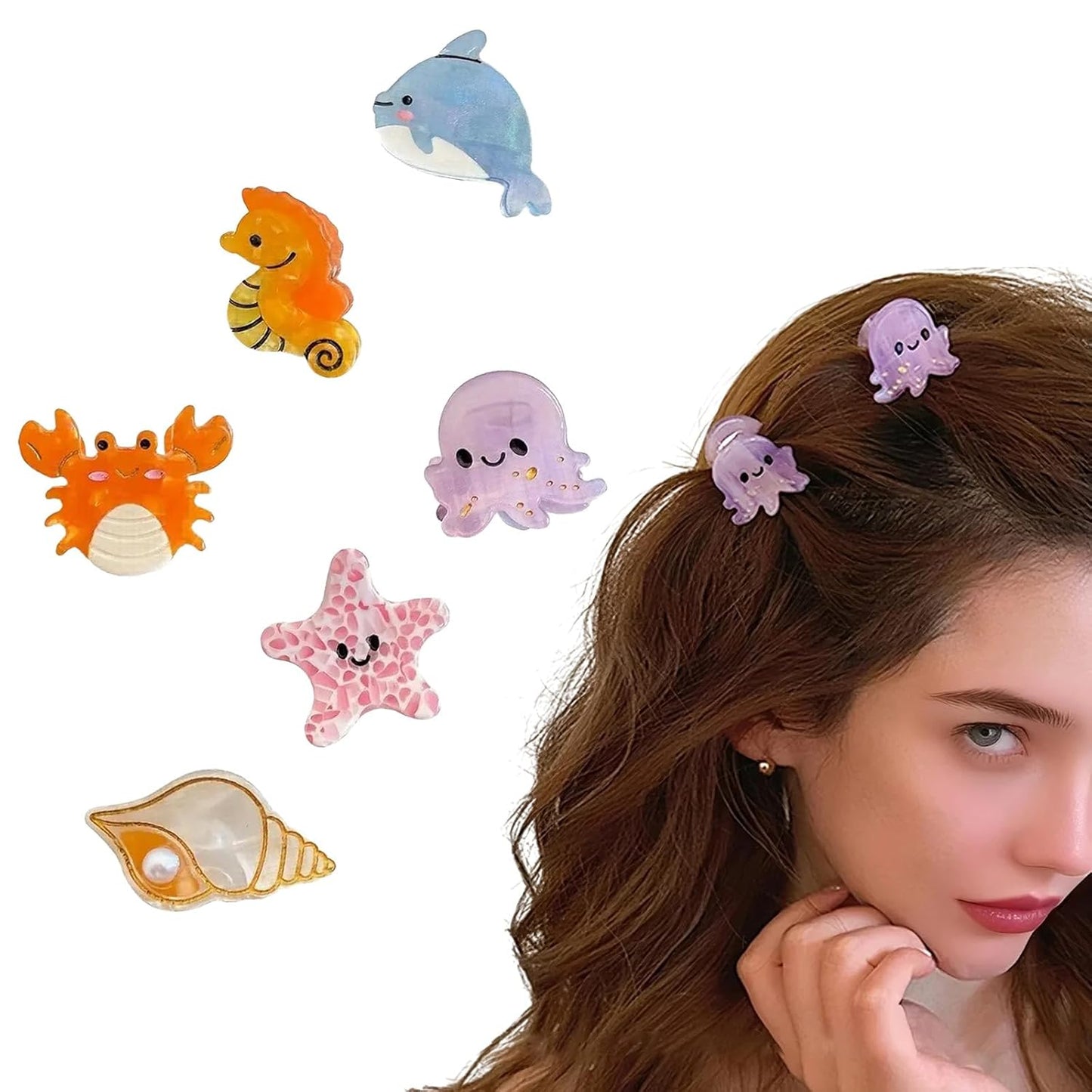 6 Pcs Ocean Animal Hair Claw Clips for Women, Octopus, Whale, Crab, Conch, Dolphin, Seahorse, Starfish Hair Clips, Small Hair Claw, Cute Claw Clip, Non-Slip Hair Accessories for Thick and Thin Hair