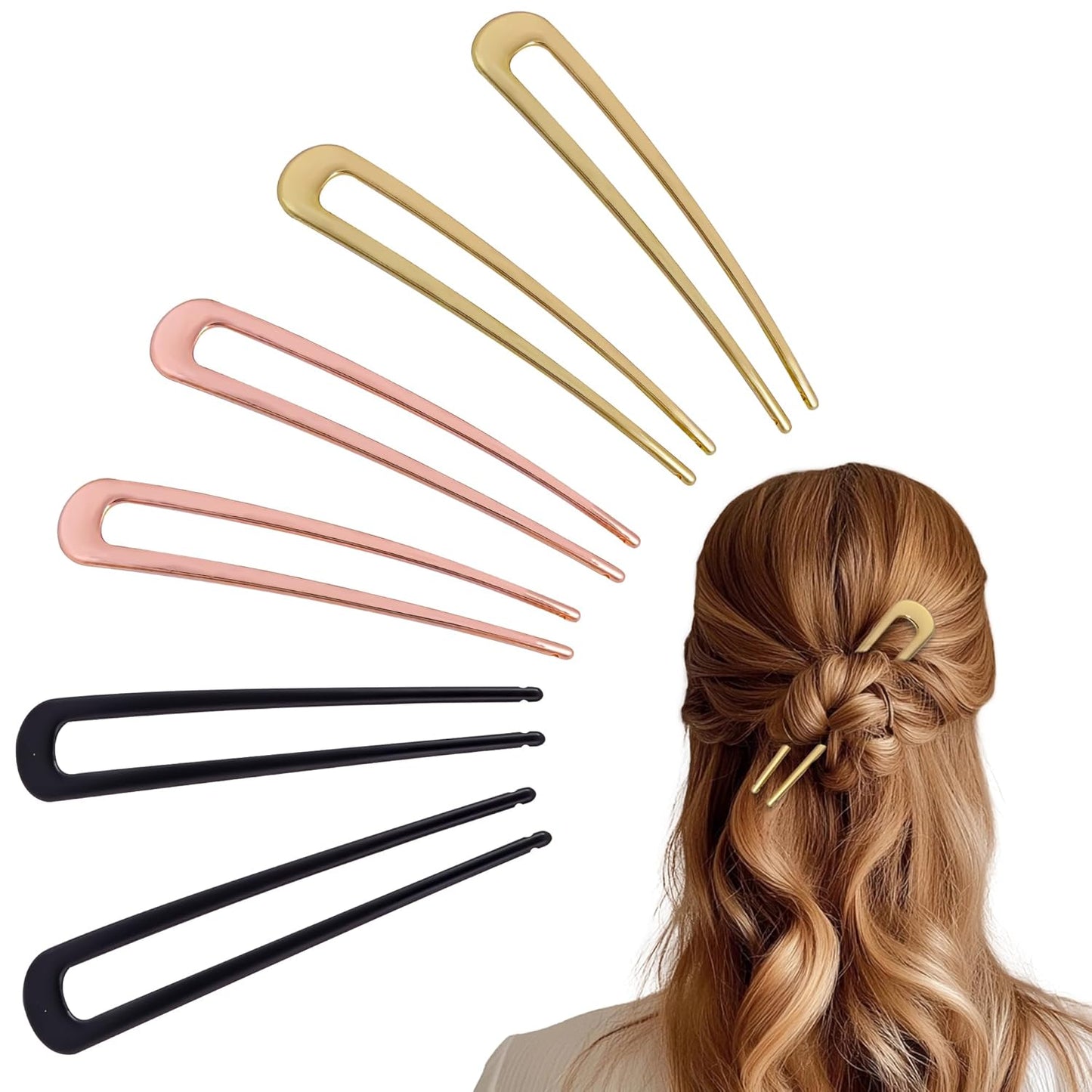 6Pcs Metal French Hair Pins for Women U Shape Sticks 3.9 Inch Vintage Fork for Hairstyle Accessories(Black/Gold/Rosegold)