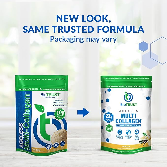 BioTrust Ageless Multi Collagen Peptides Powder – 5 Types (I, II, III, V, X) – Vanilla Collagen Powder for Women & Men – Hydrolyzed Protein – Grass Fed Beef, Fish, Chicken, Eggshell Membrane