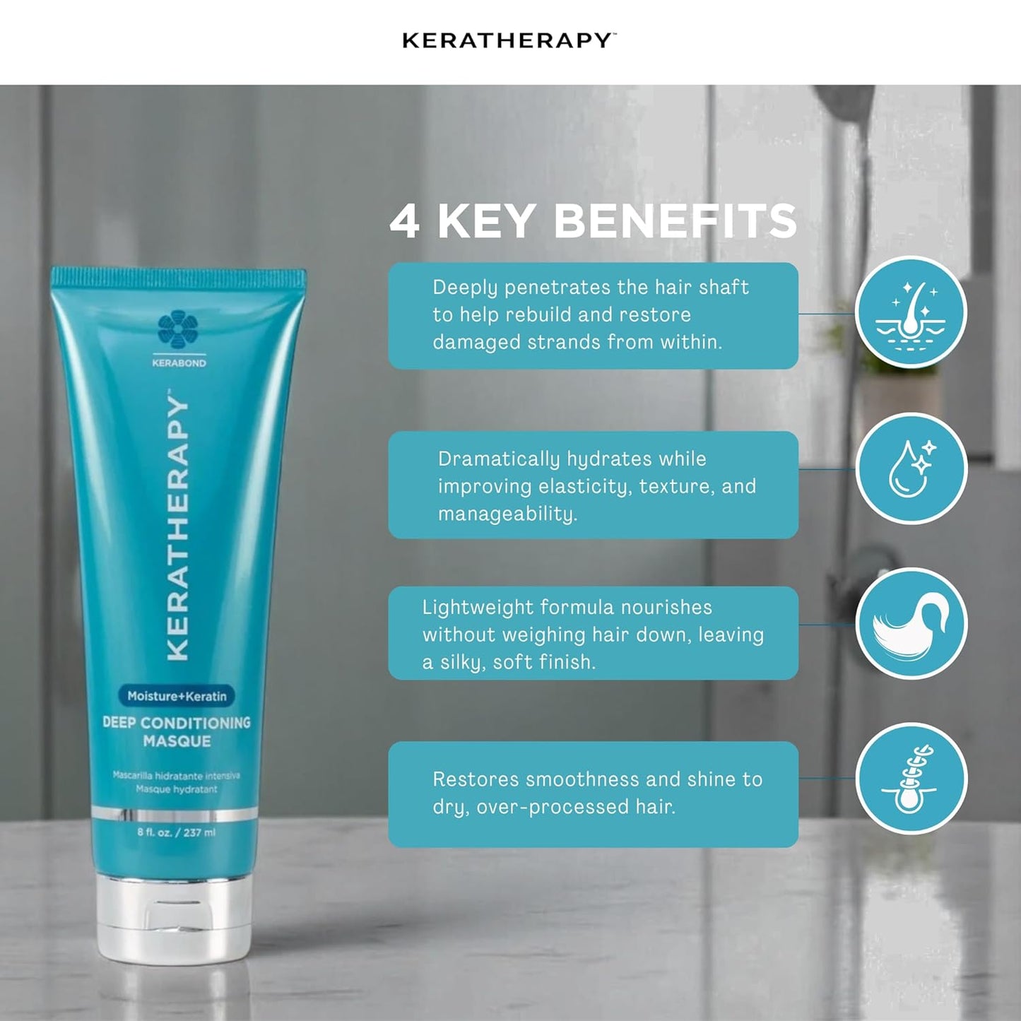 Keratherapy Keratin Infused Deep Conditioning Masque, 8 fl. oz., 237 ml - Moisturizing & Hydrating Hair Treatment with Kerabond, Jojoba, Nettle Root Extract, Wheat Oil, & Persian Walnut