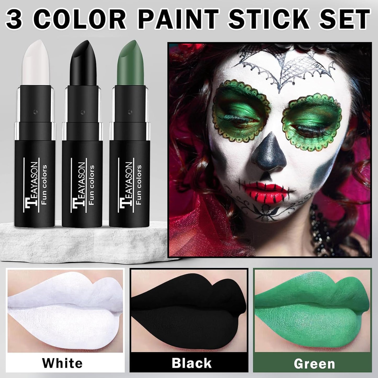 DAMUSI 3 Colors Body Face Paint Sticks Professional Eye Black Baseball Softball Football, Halloween Joker Clown Cosplay Makeup for Adults and Kids (White/Green Eye Black Sticks)