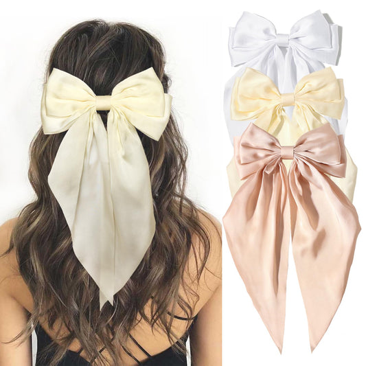 Hair Bows for Women Girls - Furling Pompoms 3pcs Big Bow Hair Clips Ribbon Hair Bow Ponytail Accessories, Holiday Party Back to School (White/Beige/Apricot)