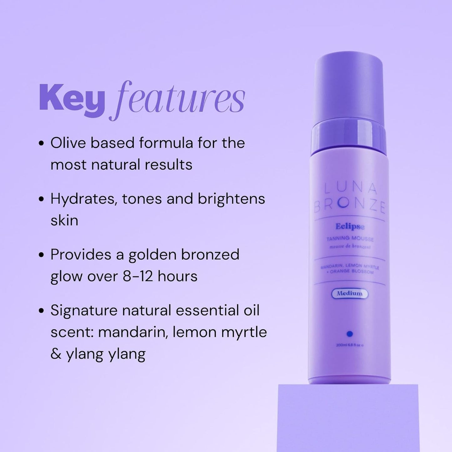 Luna Bronze Eclipse Self Tan Mousse (Medium) | Streak Free Natural Sunless Tanner, Devlops a Golden Tan Over 6-8 Hours | Lightweight Formula with Organic Aloe Vera | Australian Made (200ml/6.7 fl. oz)